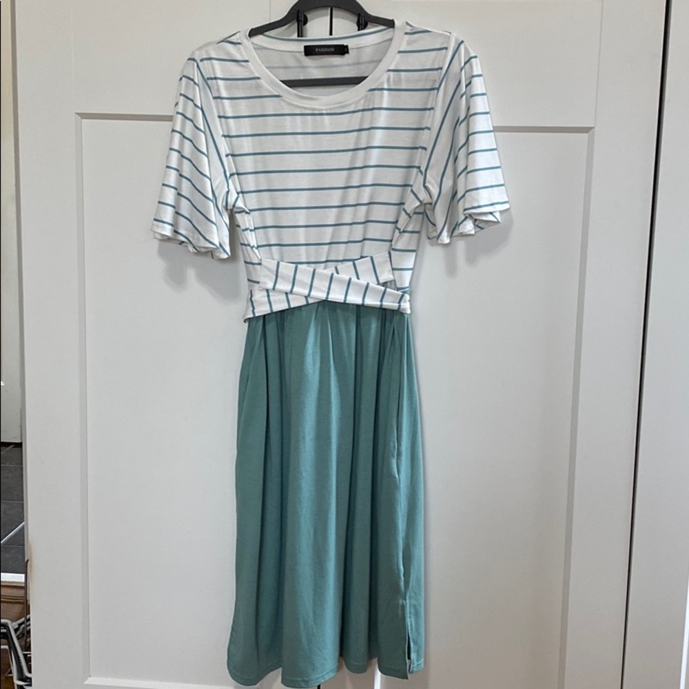 Green and White Striped Dress with Pockets Medium